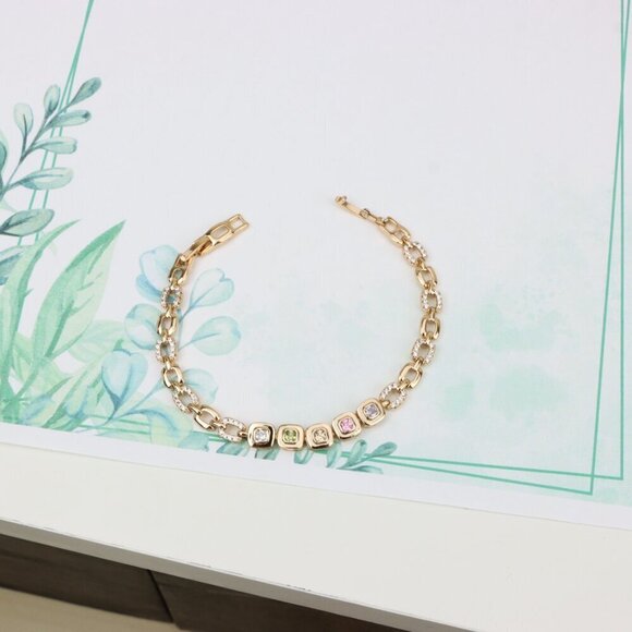 "Rose Gold Bracelet with Colorful Stones and Crystal Links, XPBL0791 - Picture 3 of 12